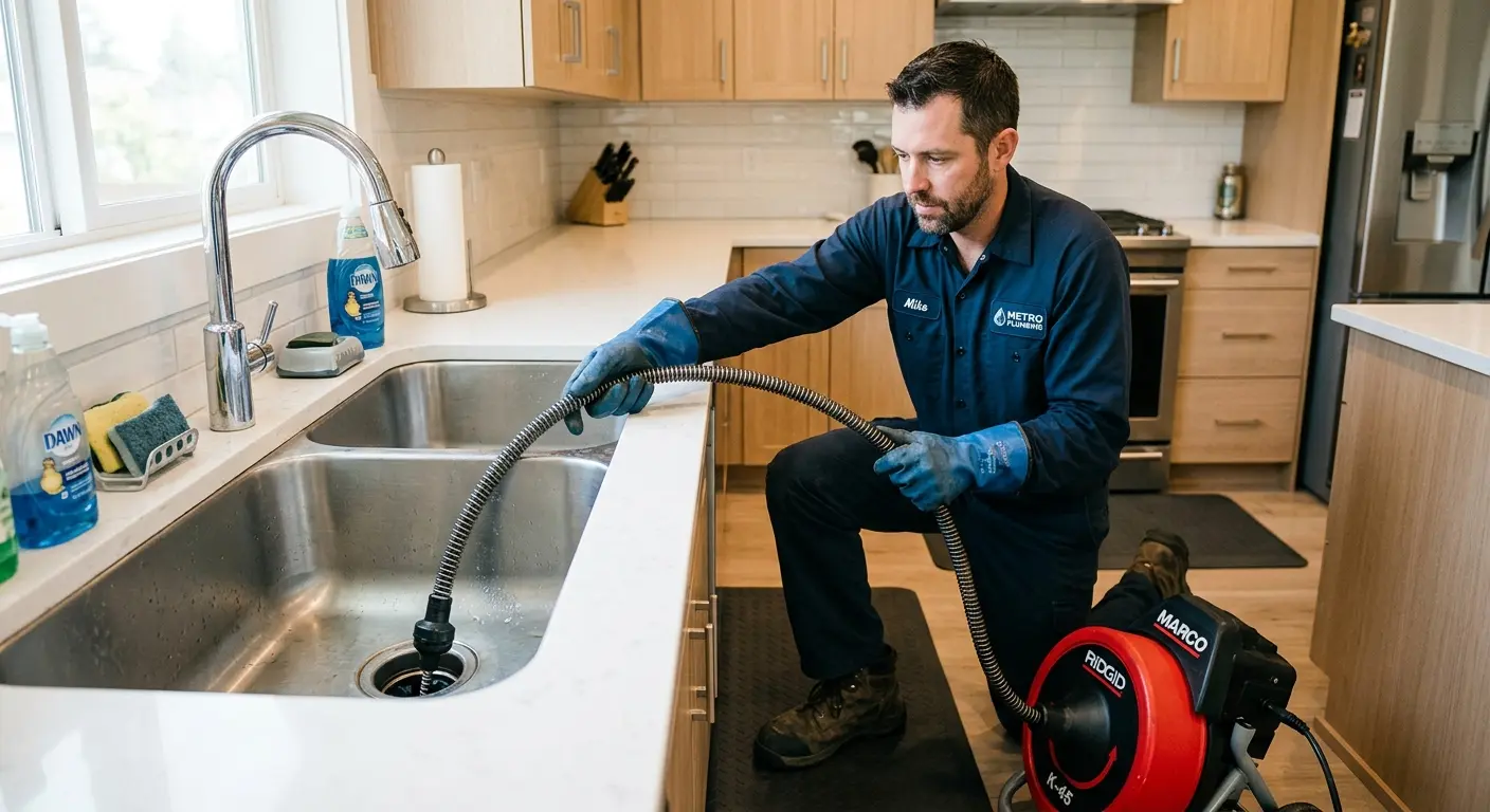 Drain cleaning technician using a motorized snake on a kitchen sink in Gibsonville