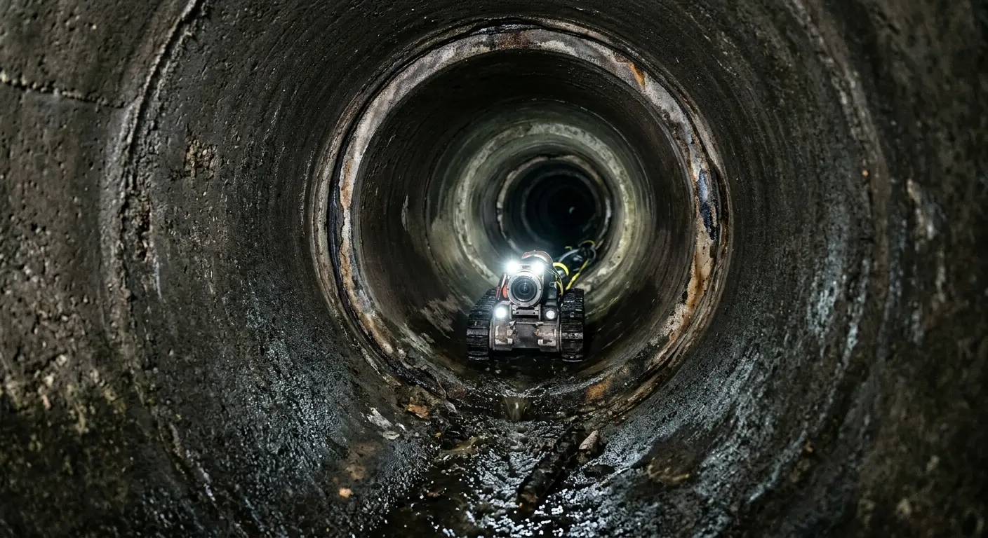 Robotic sewer camera inspecting pipe interior for Sewer Line Cleaning in Gibsonville