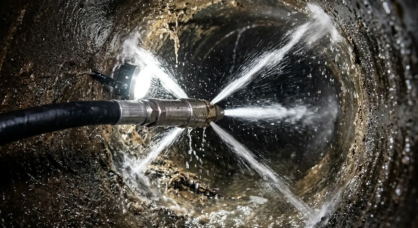 High-pressure hydro jetting nozzle cleaning sewer pipe for Emergency Drain Service in Gibsonville