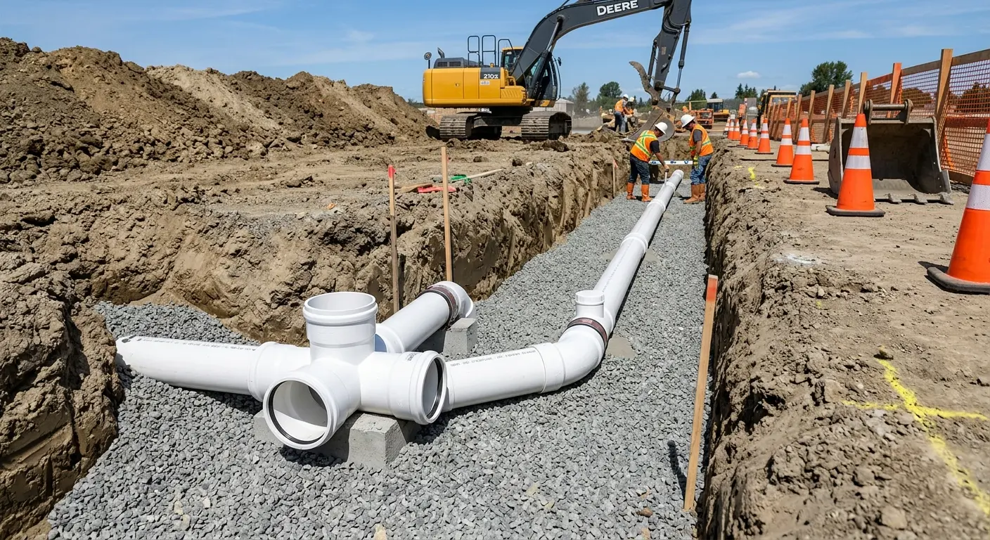 New PVC sewer pipe installation in open trench for Commercial Drain Cleaning in Gibsonville