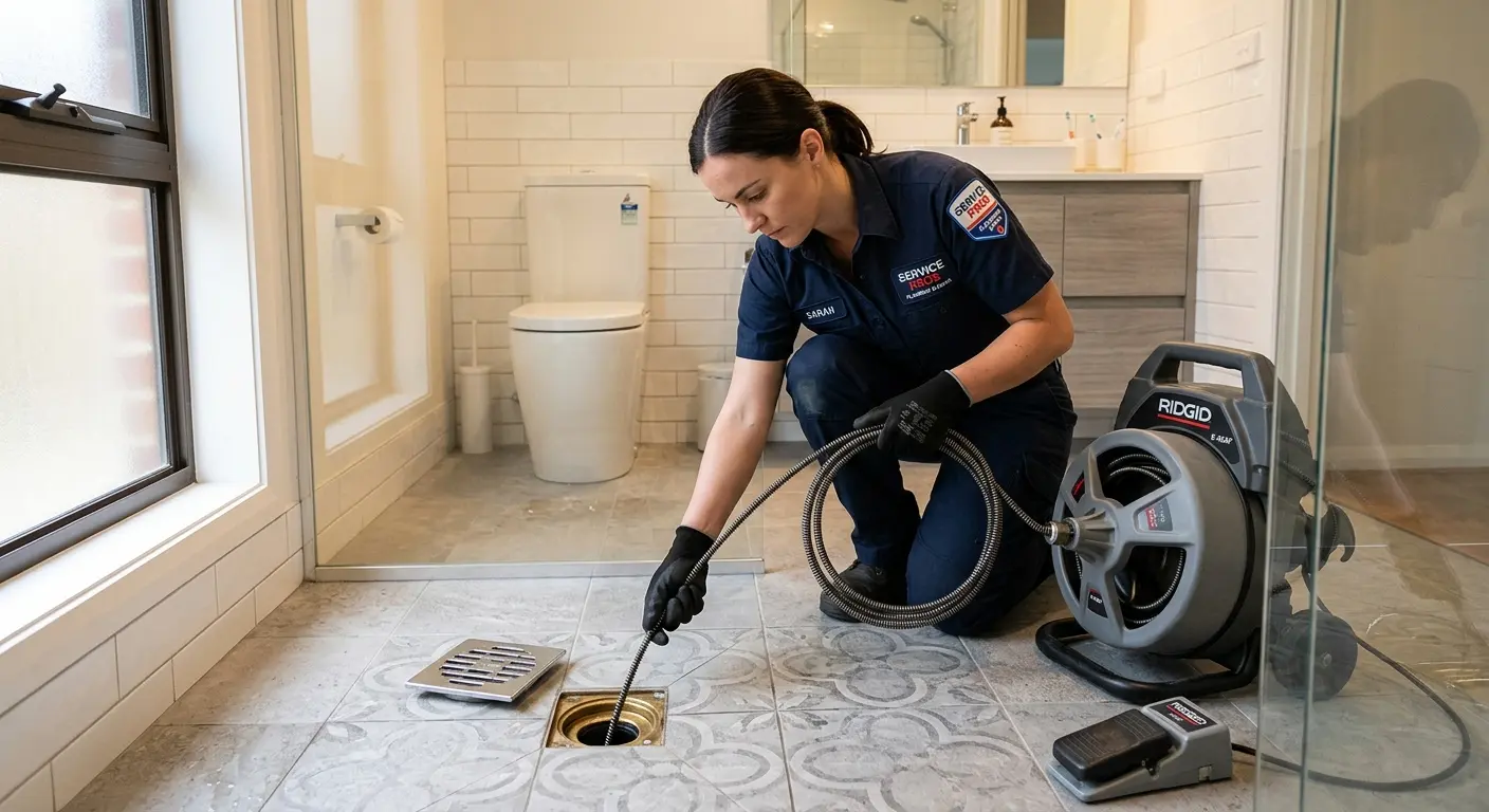 Technician clearing a bathroom floor drain for Drain Cleaning in Gibsonville
